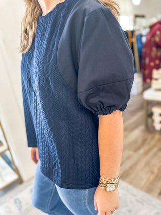 Navy Sweater Days Puff Sleeve Top