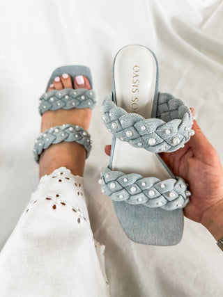 The Parisa Braided Pearl Sandal Heels Denim Blue - Oasis Society
