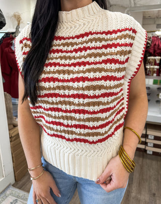 Red & Ivory Striped Crochet Sweater