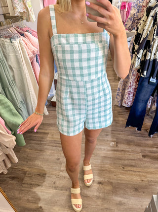 Seafoam Mint Sunkissed Louisiana Girl Gingham Romper