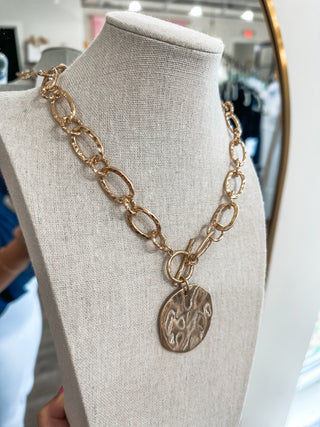 Open Gold Chain W/ Hammered Coin Charm 16"-18" Necklace