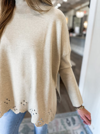 Oatmeal Soft & Sleek Scalloped Eyelet Hem Long Sleeve Sweater Top