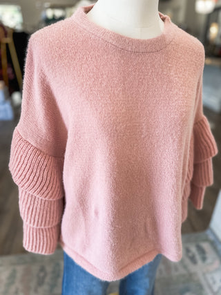 Soft Pink Fuzzy Tiered Ruffle Sleeve Sweater