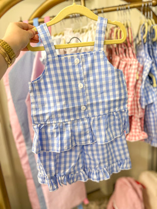 Kids BLUE Check Gingham Ruffle Button Short Set