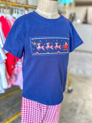 Christmas Holiday Celebration Boys Set: Navy W/ Santa Sleigh
