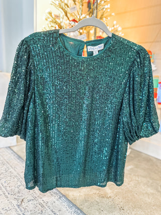 Green Sparkle & Shine Sequin Puff Sleeve Blouse