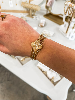 Gold Multi Layered Chain with Crystal & Clover Bracelet