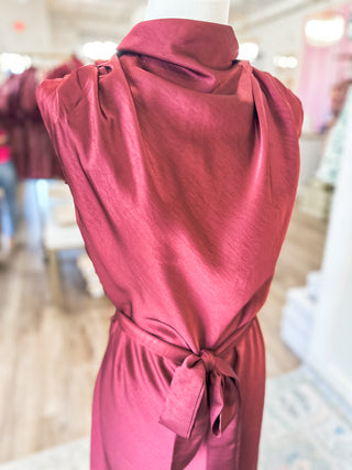 The Burgundy Eloise Satin Midi Dress