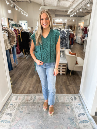 Slate Green Fall Thread Cable Knit Sweater Top