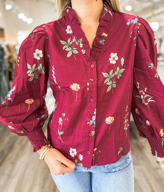 Burgundy Garden Stroll Long Sleeve Blouse