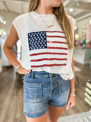 Off White Born In The USA Sequin Flag Sleeveless Knit Top