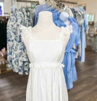 A Love Story White Ruffle Empire Midi Dress