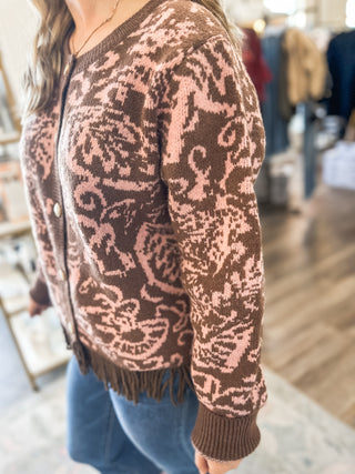 Strawberry Mocha Chateau Knit Fringe Cardigan