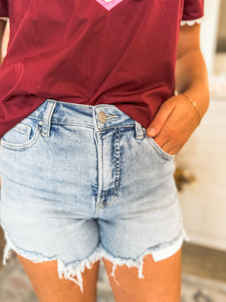 Fray Day Vibes High Rise Light Wash Denim Shorts - RISEN
