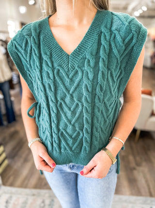 Slate Green Fall Thread Cable Knit Sweater Top