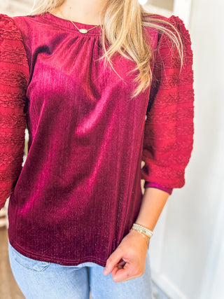 Wine Living for Texture Half Sleeve Sparkle Velvet Top