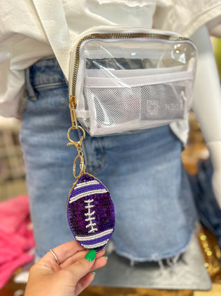 Purple & Gold Puff Sequin Football Keychain