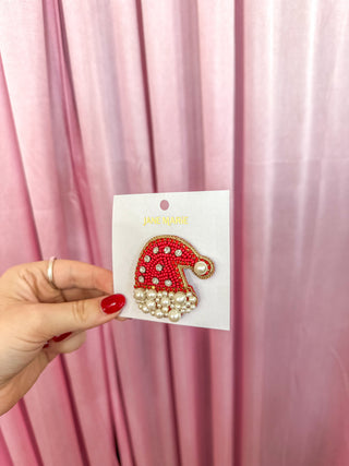 Red & Pearl Beaded Santa Hat Brooch