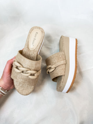 Saint Martin Taupe Lightweight Slide Wedges with Chain Link Detail- Pierre Dumas