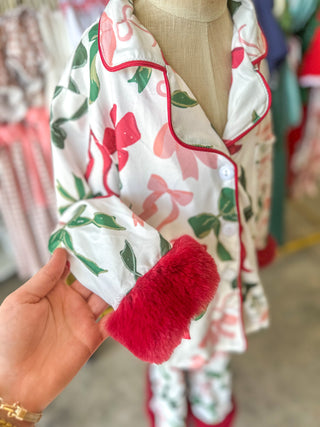 Holiday Bow Print Christmas Pajama Set - Girls Cozy Red Trim Sleepwear