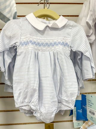 Lilly and Logan Blue Smocked Collared L/S Boy Bubble- Magnolia Baby
