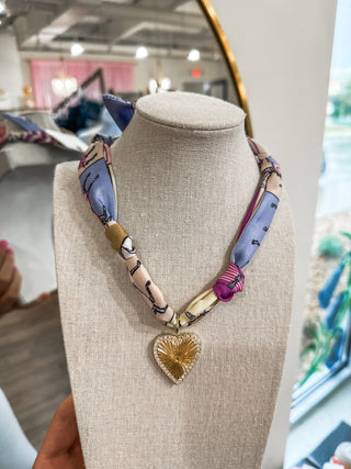 Scarf Necklace Purple W/ Gold Rhinestone Heart