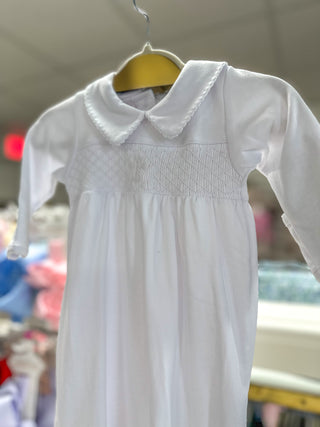 White Blessed Smocked Collared Long Sleeve Gown