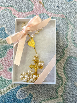 First Communion Heart Shape Pearl Rosary W/ Gold Cross