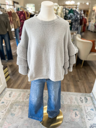 Light Grey Fuzzy Tiered Ruffle Sleeve Sweater