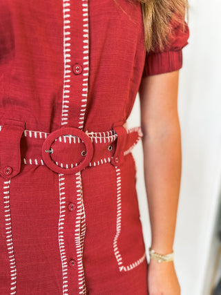 Brick Whisper Stitch Collared Short Sleeve Mini Dress