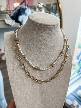 Water Resistant Double Layered Pearl Beaded & Chain 16"-18" Necklace