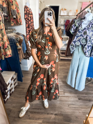 Brown Flora Midi Dress