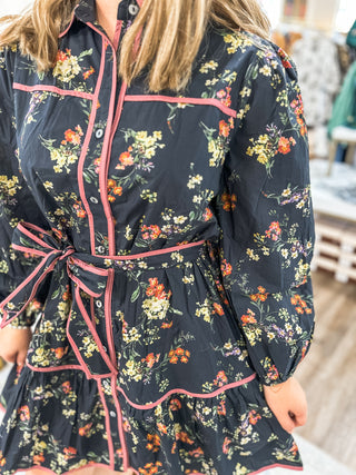 Black Autumn Rose Button Mini Dress