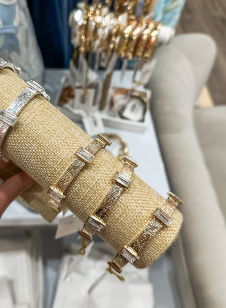 Textured Gold W/ Clear Rectangle Crystals Stretch Bracelet