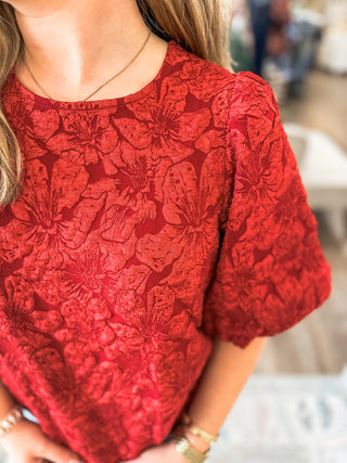 Red Runway Rose Jacquard Blouse