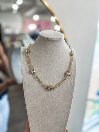 Gold Textured Chain W/ Teardrop Clear Stone Accents 16"-18" Necklace