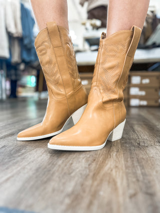 Soft Tan Embroidered High Ankle Boots - Oasis Society