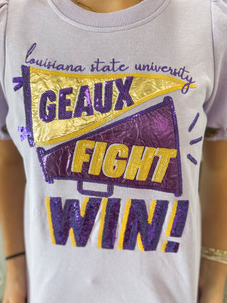 Purple & Gold Geaux, Fight, WIN Sequin Spirit Puff Sleeve Top