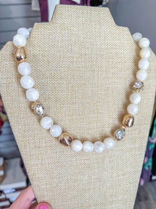 Cream Stone & Gold W/ Rhinestone Accent Necklace