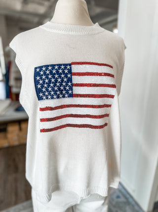 Off White Born In The USA Sequin Flag Sleeveless Knit Top
