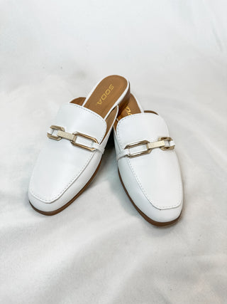 Eleanor White Fancy Pants Mules