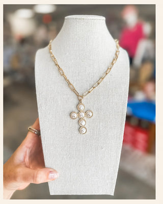 Gold Textured Chain W/ Pearl Flat Beaded Cross 16"-18" Necklace