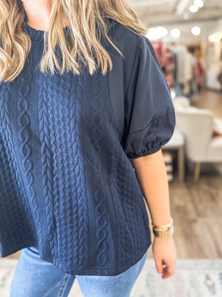 Navy Sweater Days Puff Sleeve Top