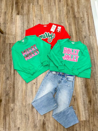 Green Merry Merry Sequin Chenille Patch Super Soft Sweatshirt