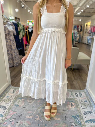 A Love Story White Ruffle Empire Midi Dress