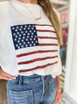 Off White Born In The USA Sequin Flag Sleeveless Knit Top