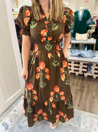 Brown Flora Midi Dress