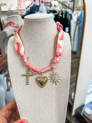 Scarf Necklace Hot Pink/White W/ 1.25" Bubble Cross, Heart, & Rhinestone Starburst