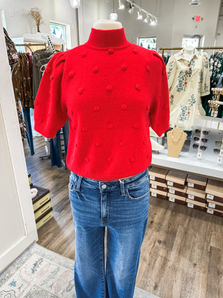Red Polka Dot Textured Sweater Top