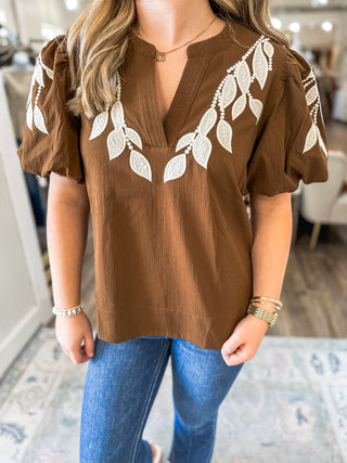 Brown Vine Embroidered Top